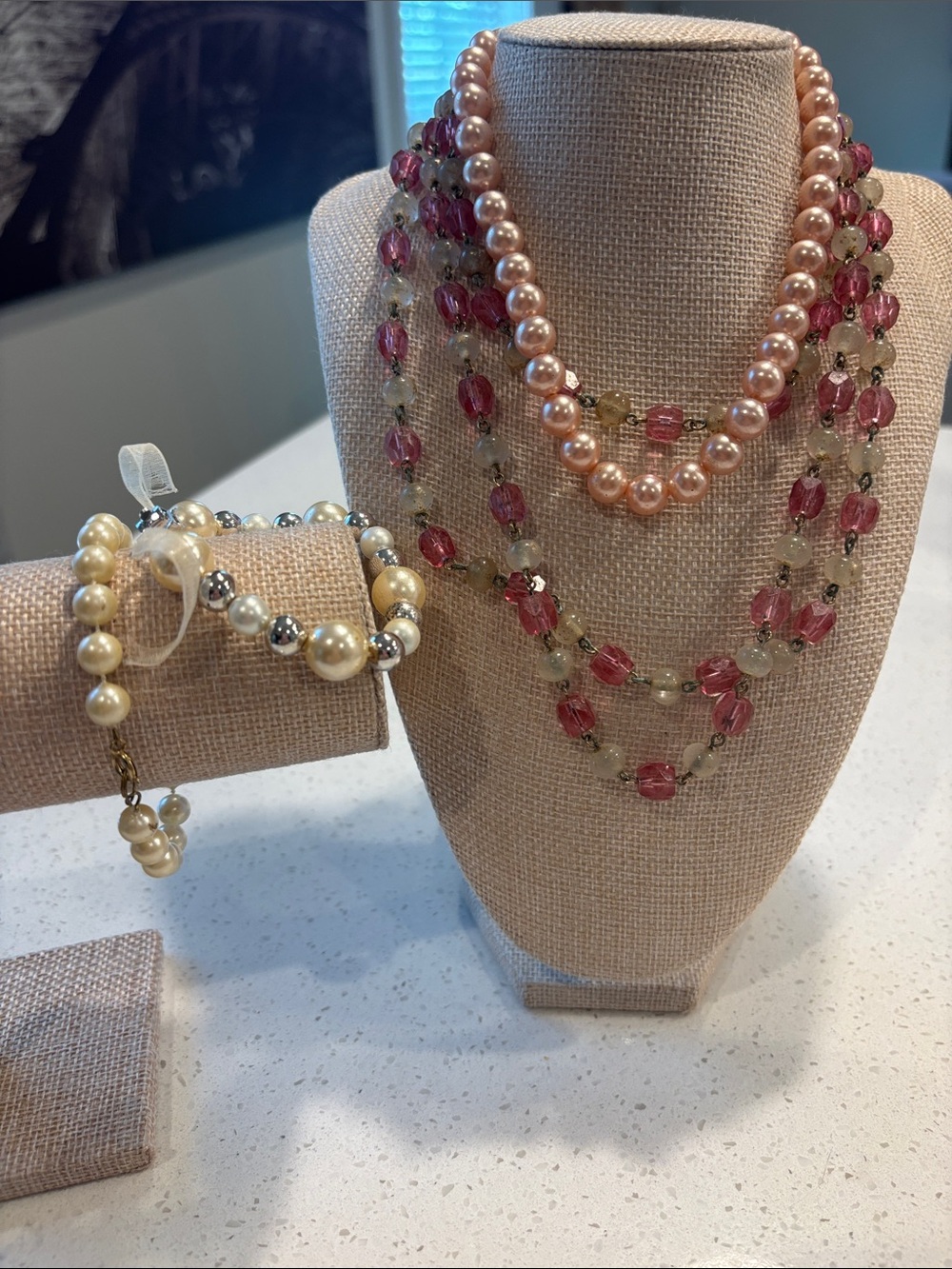 Elegant Pink Pearl & Pink Bead Layered Necklace Set - Unbranded